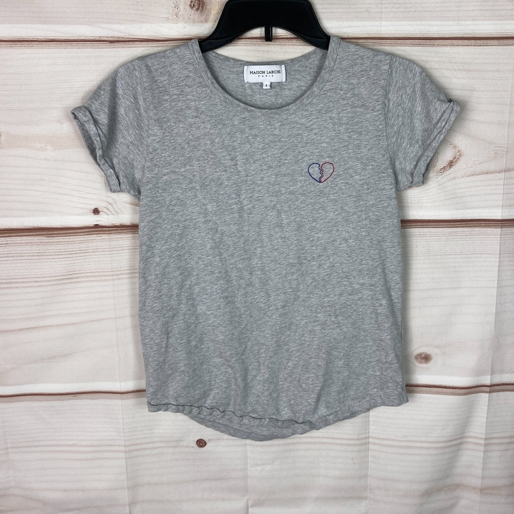 Maison Labiche Top Womens S Gray Broken Heart T-Shirt Crew Neck Short Sleeve